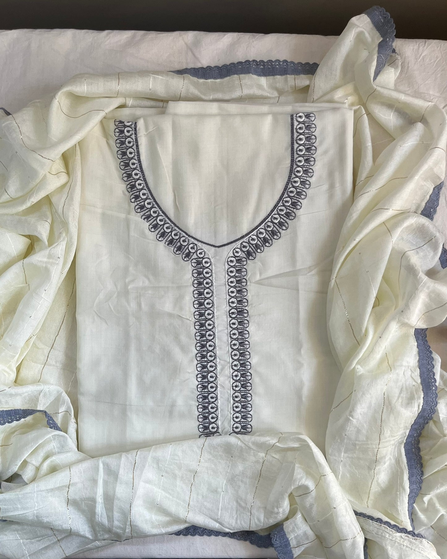 Cream Cotton Suit with Floral Embroidery & Lace Dupatta