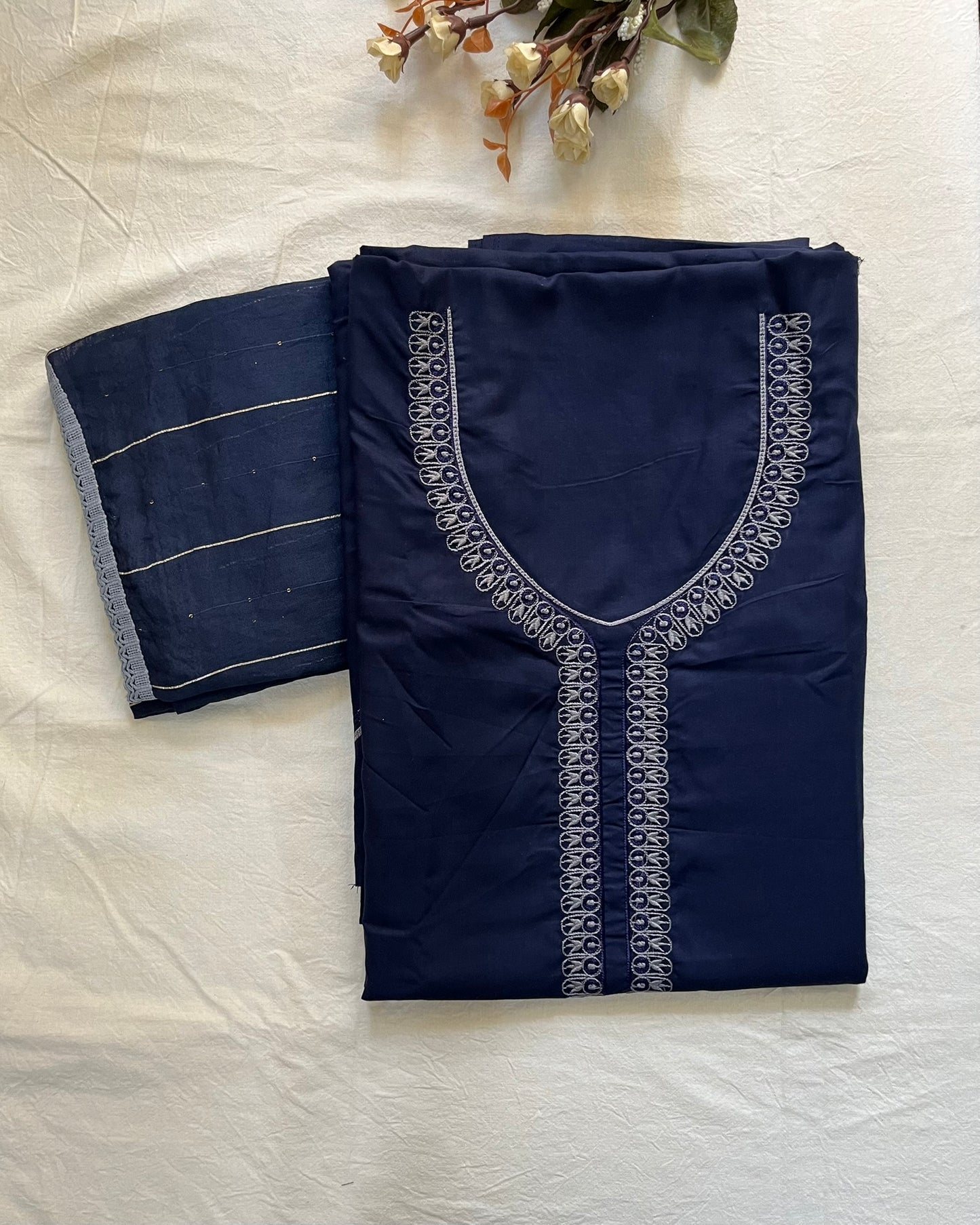 Indigo Cotton Suit with Floral Embroidery & Lace Dupatta