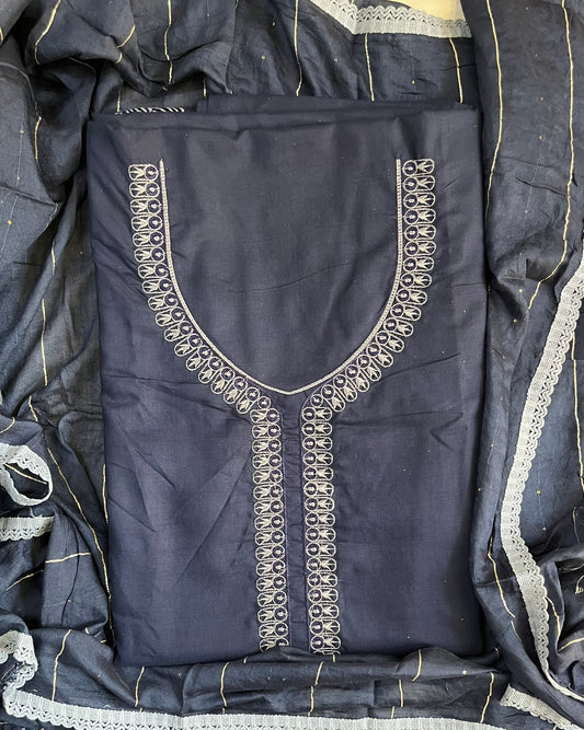 Indigo Cotton Suit with Floral Embroidery & Lace Dupatta