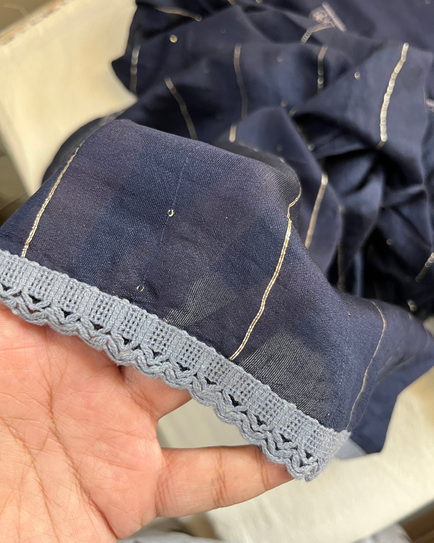 Indigo Cotton Suit with Floral Embroidery & Lace Dupatta