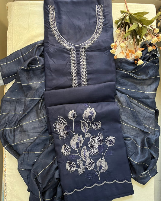 Indigo Cotton Suit with Floral Embroidery & Lace Dupatta