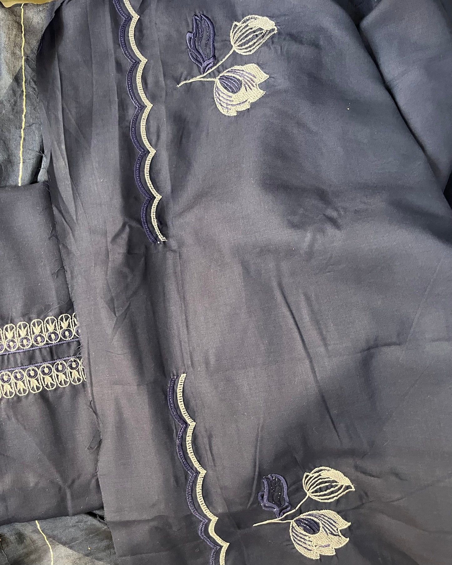 Indigo Cotton Suit with Floral Embroidery & Lace Dupatta