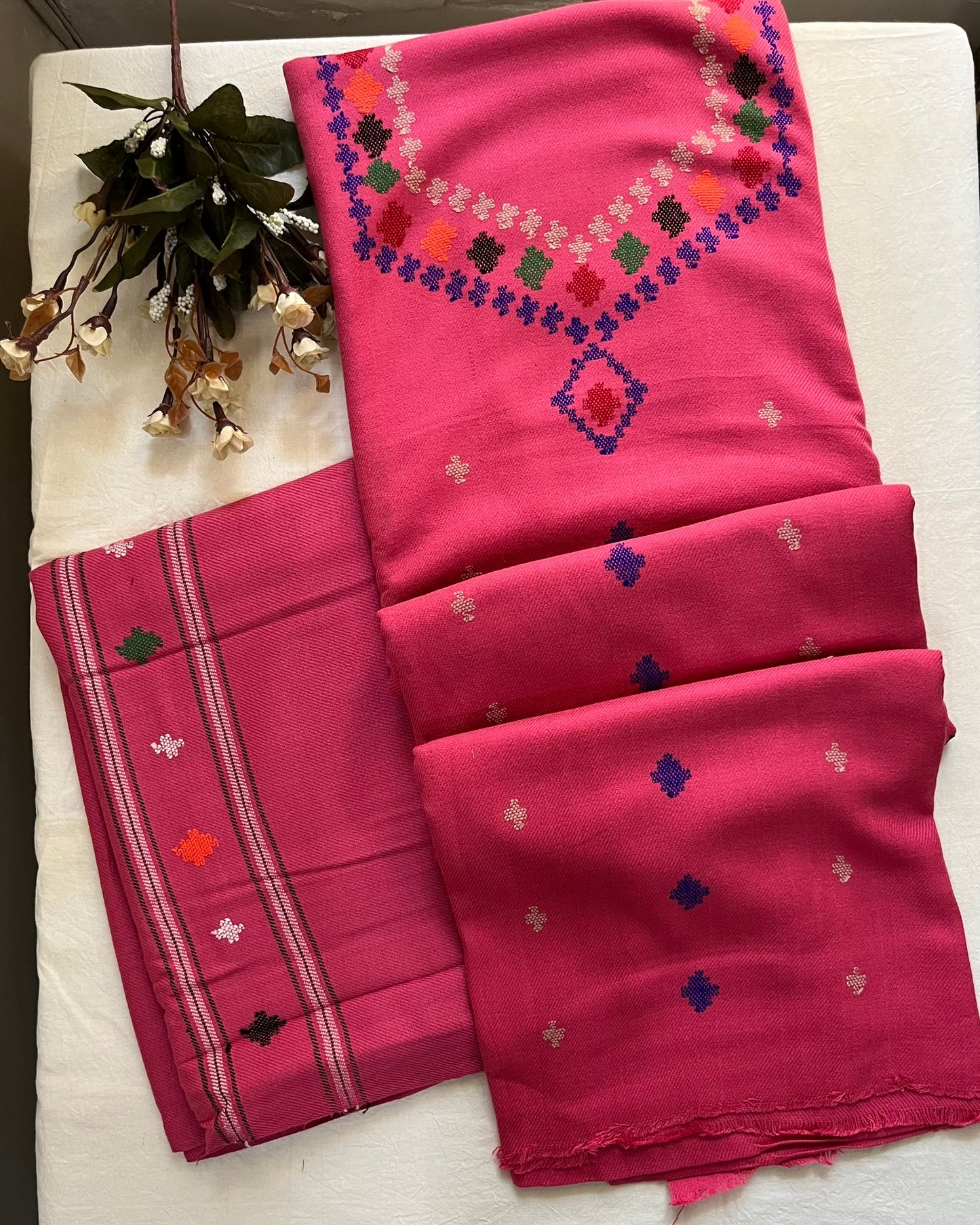 Heritage Kullvi Woolen Suit with Printed Stole in Baby Pink