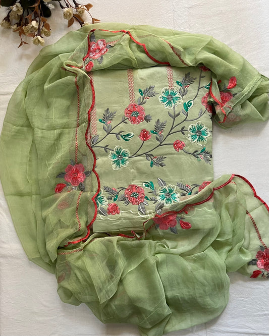 Green Jaam Cotton Suit with Embroidery & Scalloped-Edge Dupatta