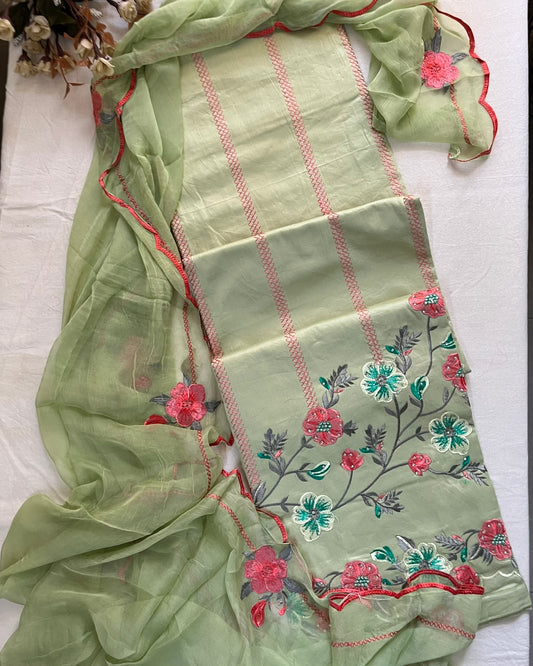 Green Jaam Cotton Suit with Embroidery & Scalloped-Edge Dupatta