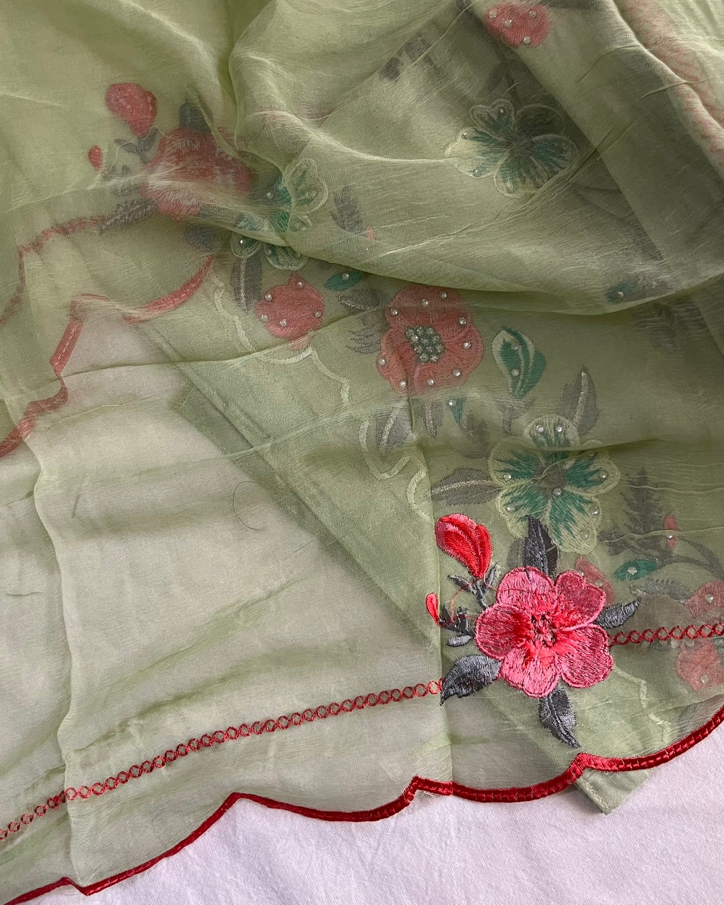 Green Jaam Cotton Suit with Embroidery & Scalloped-Edge Dupatta