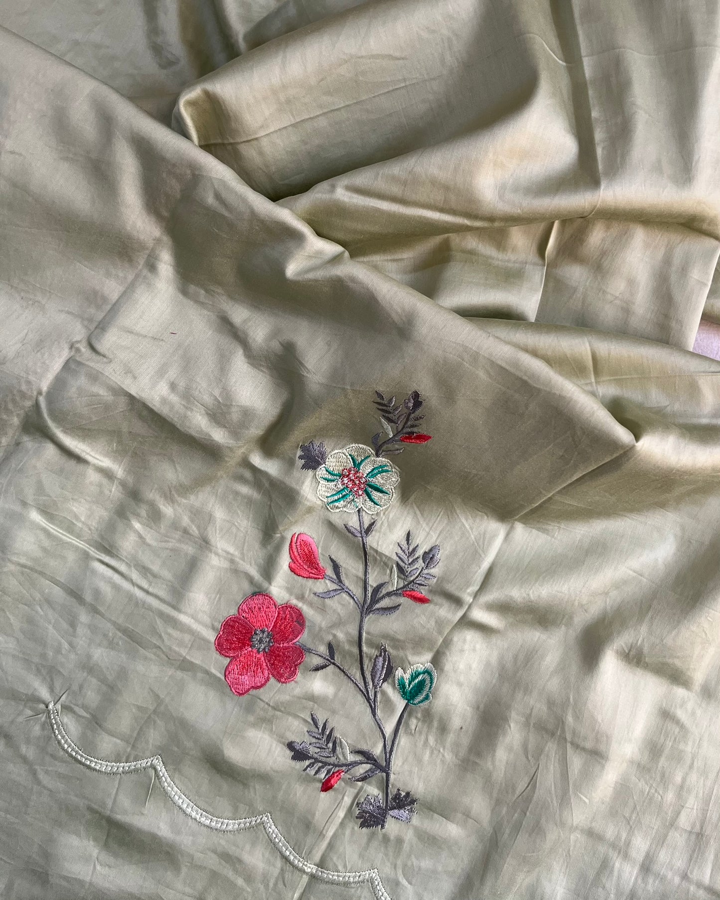 Green Jaam Cotton Suit with Embroidery & Scalloped-Edge Dupatta