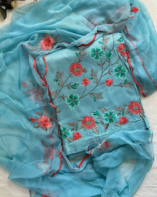 Blue Jaam Cotton Suit with Embroidery & Scalloped-Edge Dupatta