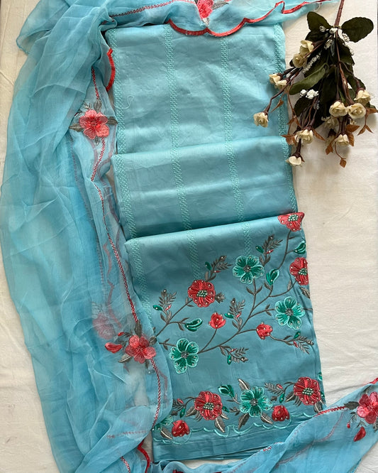 Blue Jaam Cotton Suit with Embroidery & Scalloped-Edge Dupatta