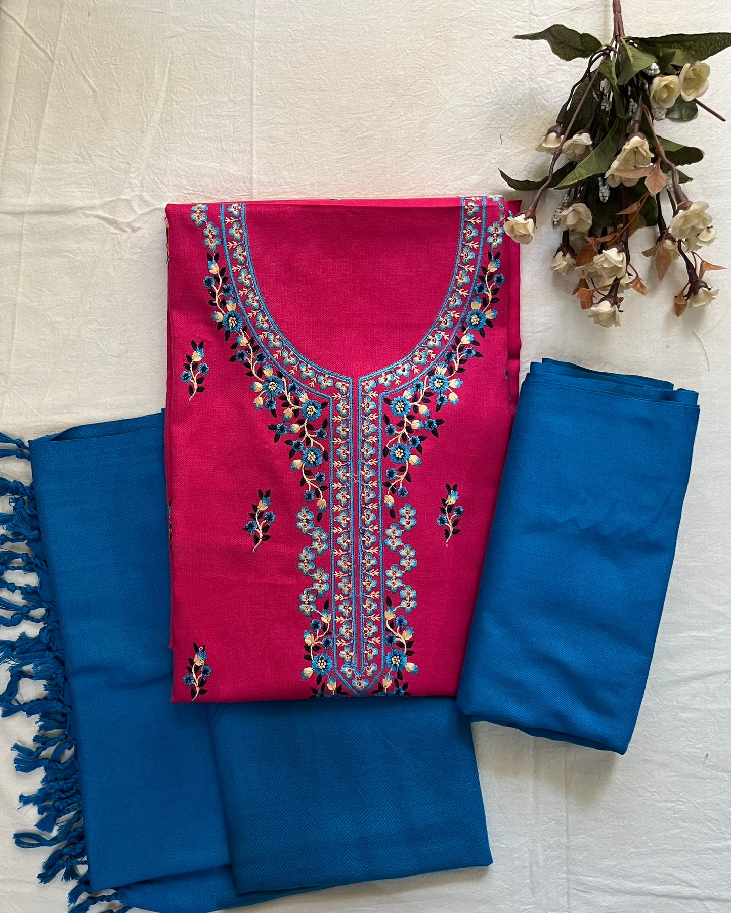 Pretty Pink Woolen Suit with Blue Embroidery, Booti Work & Tassel Stole