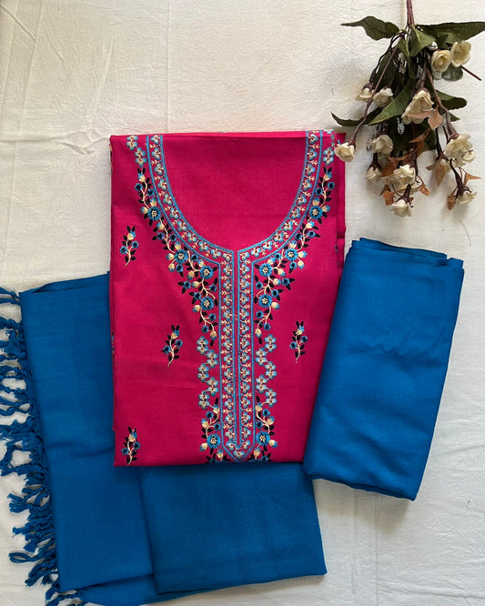 Pretty Pink Woolen Suit with Blue Embroidery, Booti Work & Tassel Stole