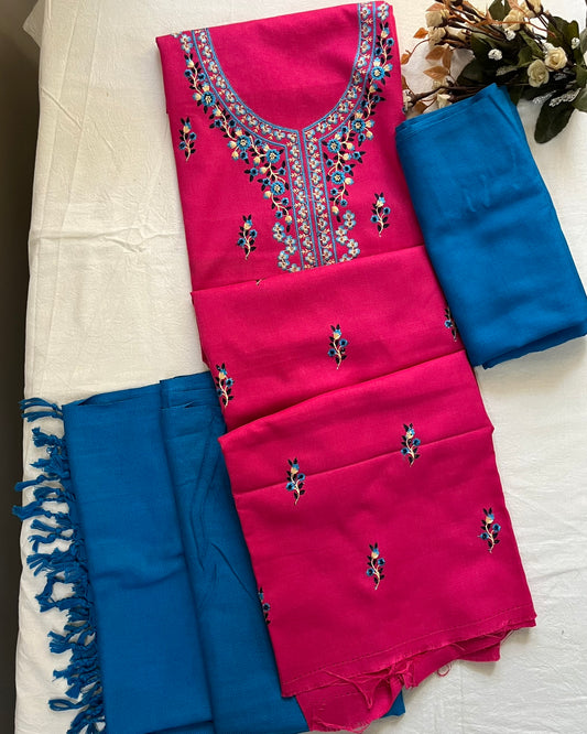 Pretty Pink Woolen Suit with Blue Embroidery, Booti Work & Tassel Stole