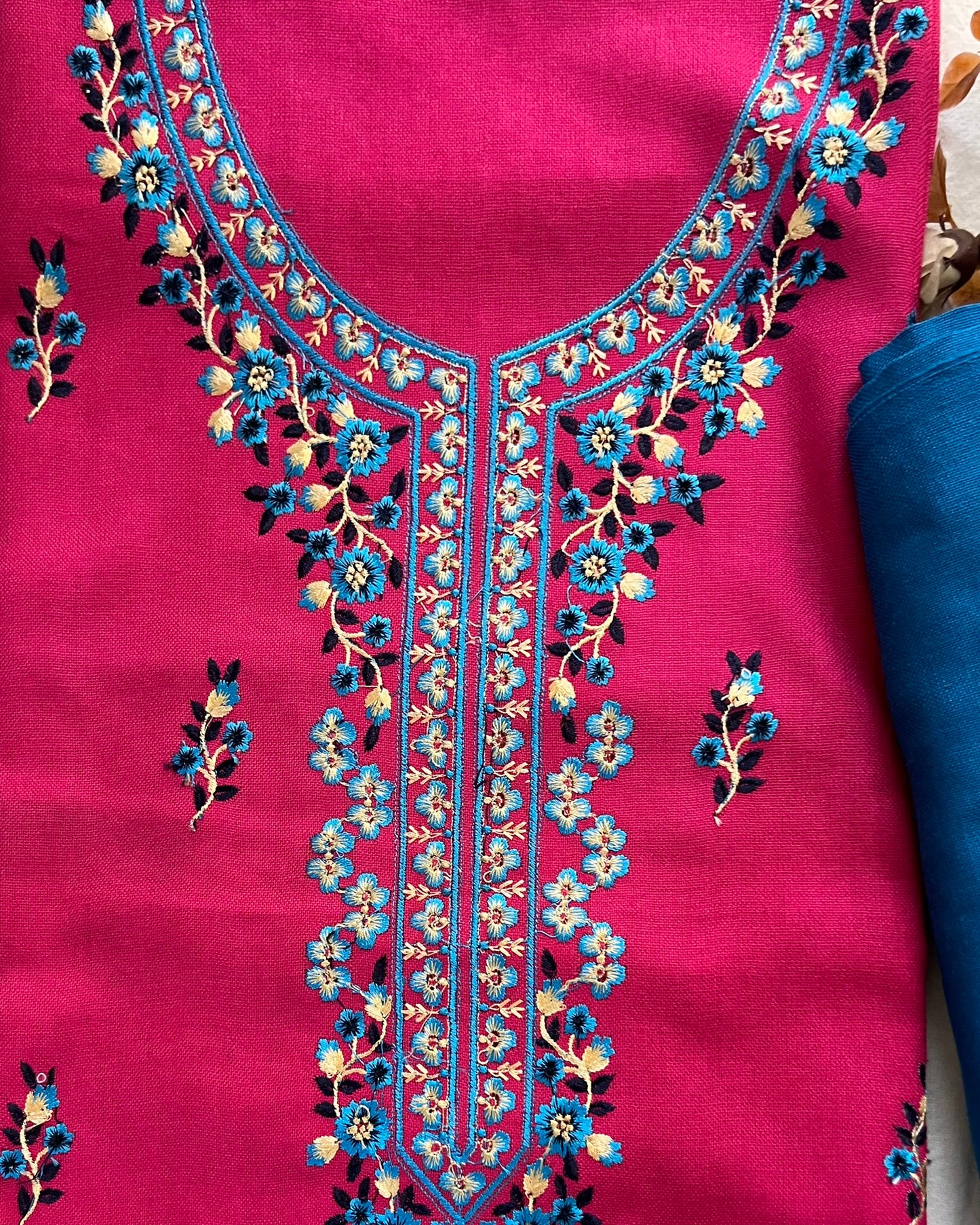 Pretty Pink Woolen Suit with Blue Embroidery, Booti Work & Tassel Stole