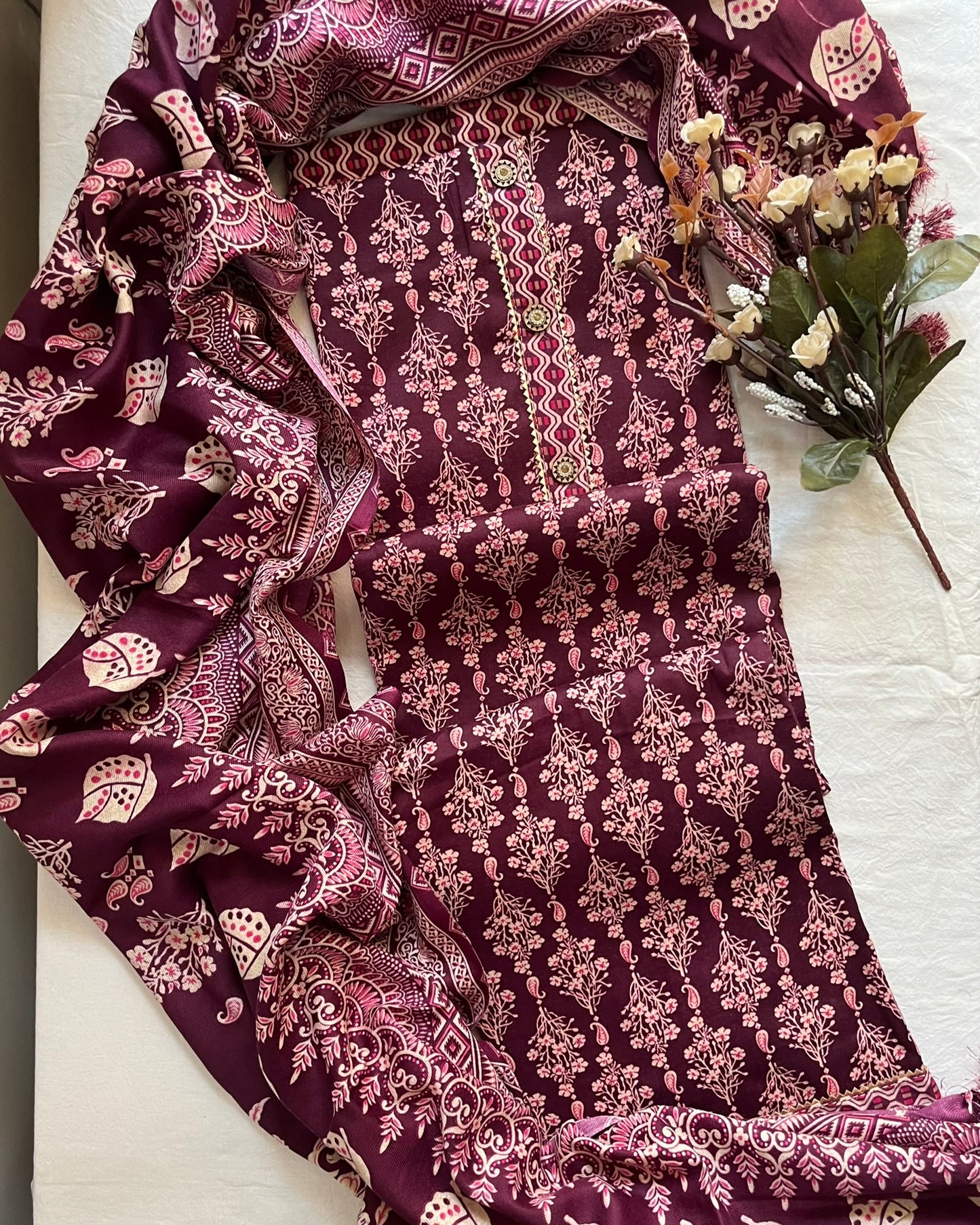 Purple Light Wool Blend Suit with Neck Patti & Stole