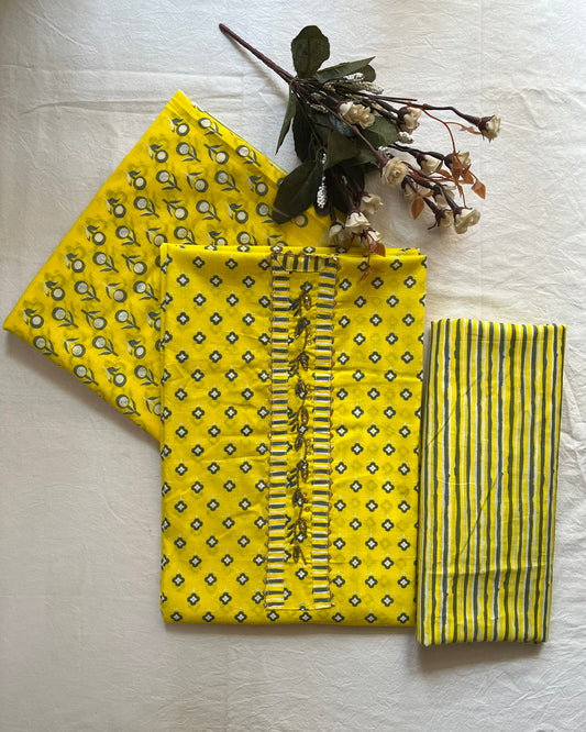 Yellow Cotton Suit with Hand-worked Neck Patti & Cotton Dupatta