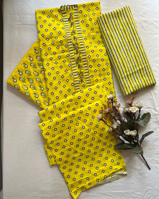 Yellow Cotton Suit with Hand-worked Neck Patti & Cotton Dupatta