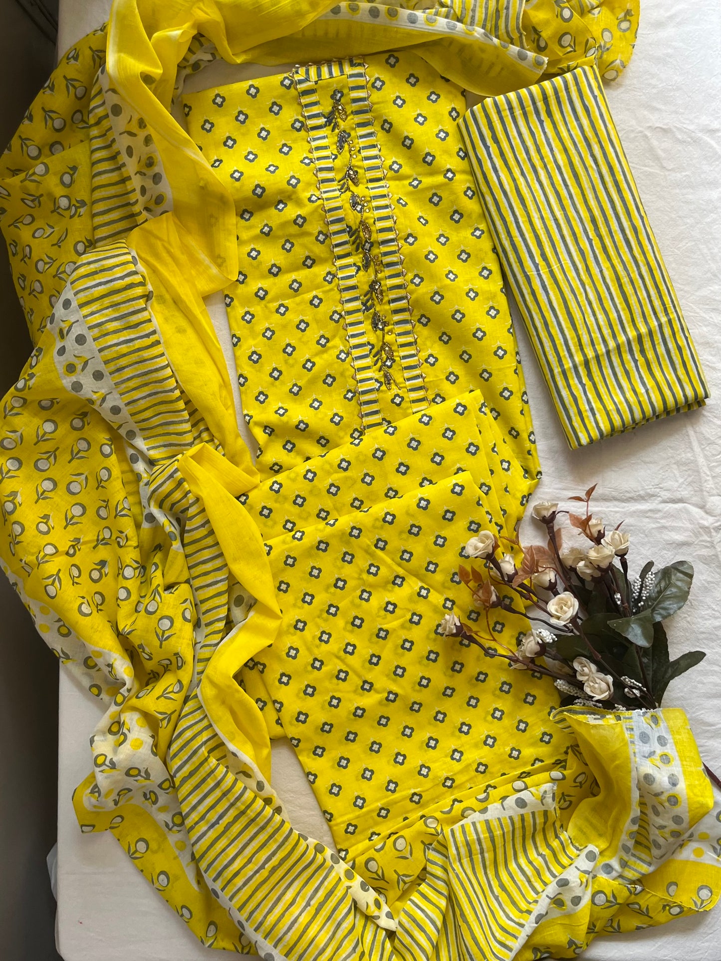 Yellow Cotton Suit with Hand-worked Neck Patti & Cotton Dupatta