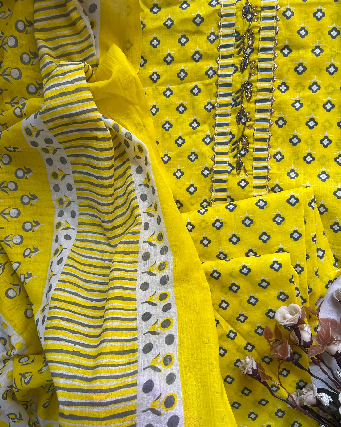 Yellow Cotton Suit with Hand-worked Neck Patti & Cotton Dupatta