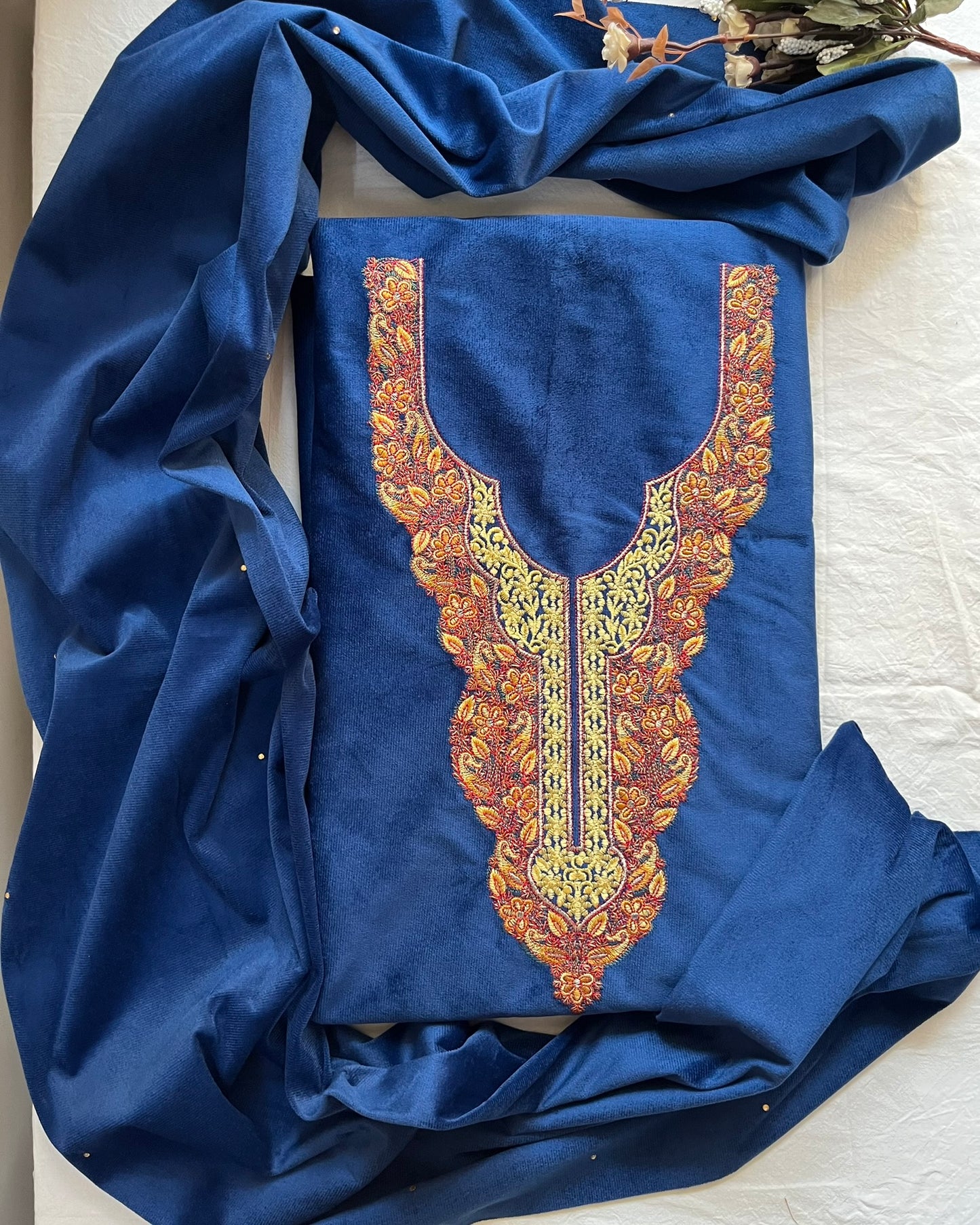 Royal Blue Woolen Corduroy Suit with Neck Design & Stole