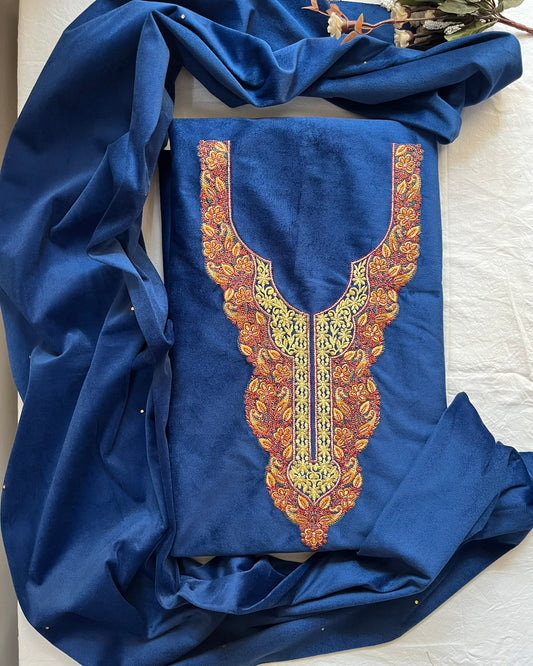 Royal Blue Woolen Corduroy Suit with Neck Design & Stole