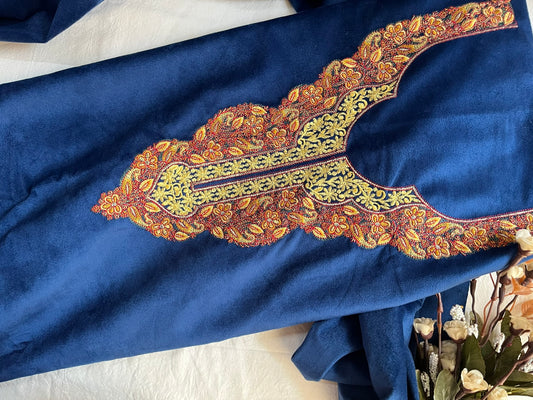 Royal Blue Woolen Corduroy Suit with Neck Design & Stole