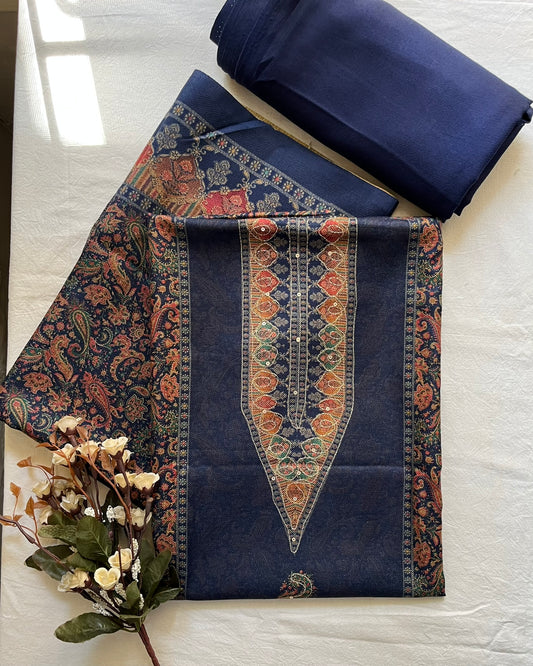 Navy Woolen Aari Work Suit with Matching Printed Stole