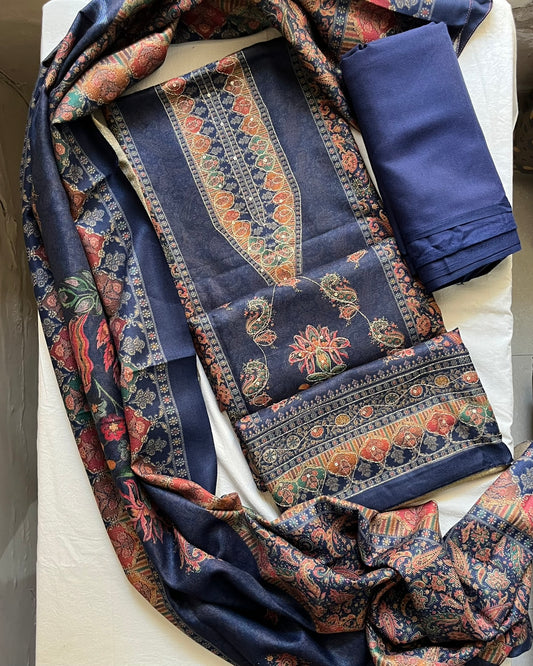 Navy Woolen Aari Work Suit with Matching Printed Stole
