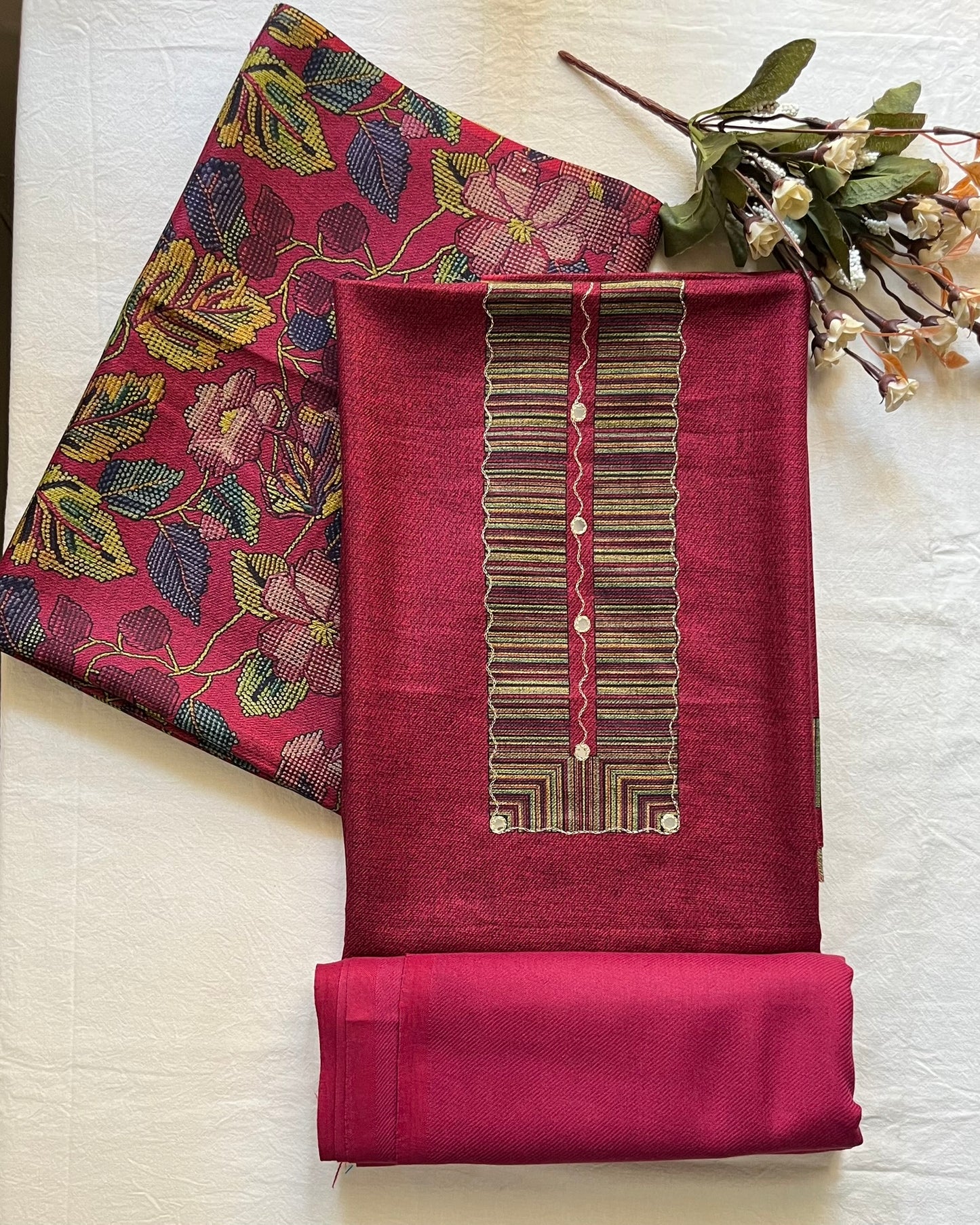 Gulnari Woolen Aari & Mirror Work Suit with Printed Stole - Pink