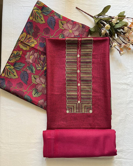 Gulnari Woolen Aari & Mirror Work Suit with Printed Stole - Pink