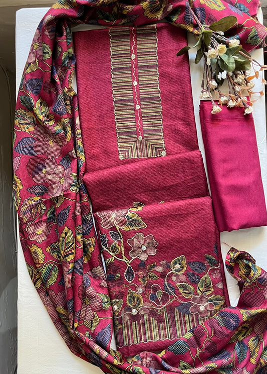 Gulnari Woolen Aari & Mirror Work Suit with Printed Stole - Pink