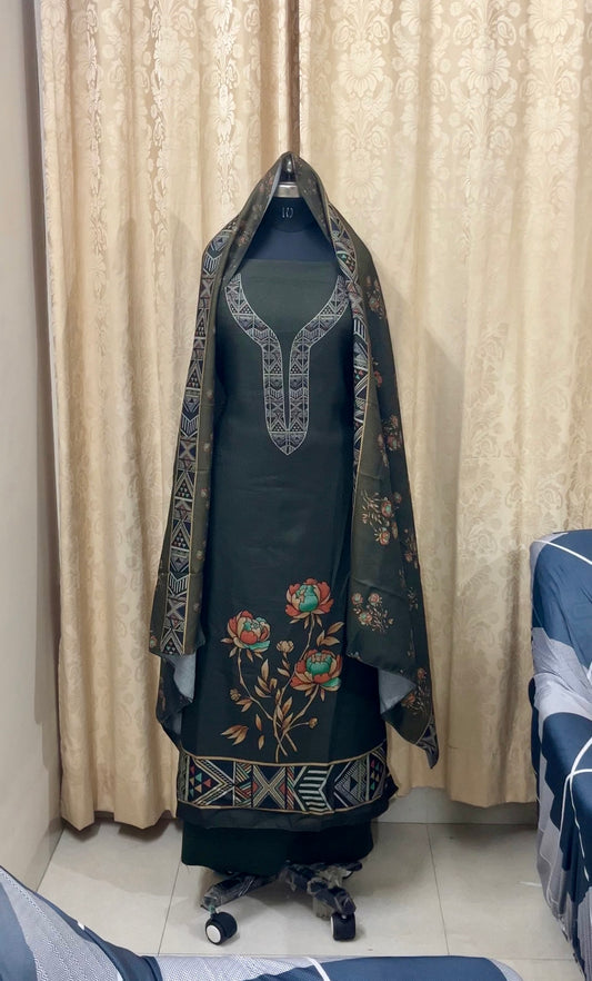 Woolen Suit with Digital Floral Print & Matching Stole - Mehndi Green