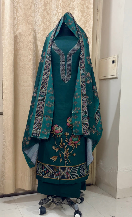 Woolen Suit with Digital Floral Print & Matching Stole - Peacock Green