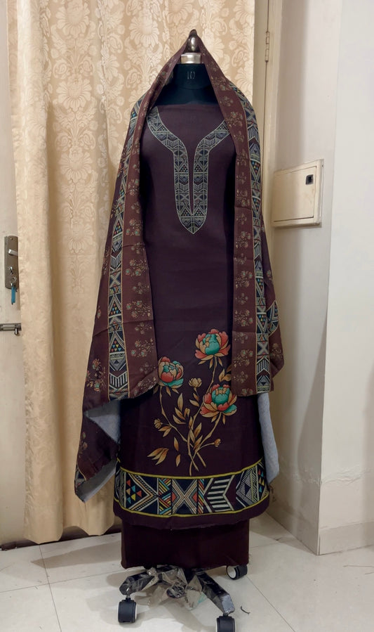 Woolen Suit with Digital Floral Print & Matching Stole - Coffee Brown