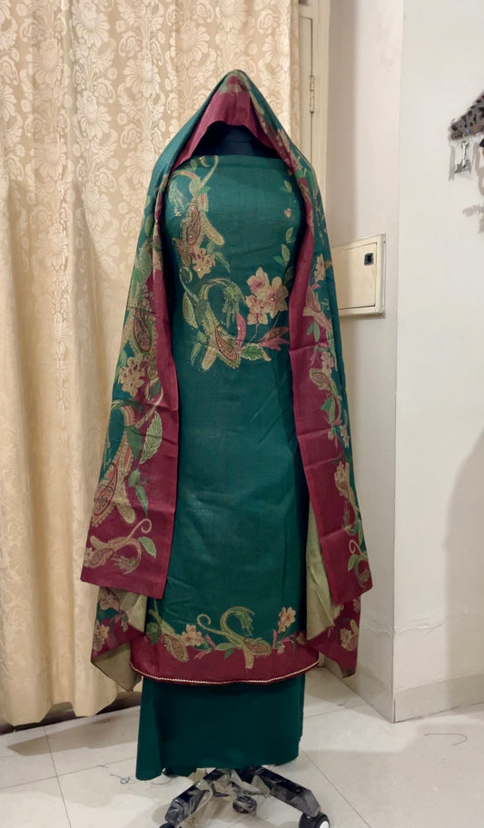 Wool Lurex Suit with Floral Print & Swarovski Detailing - Green