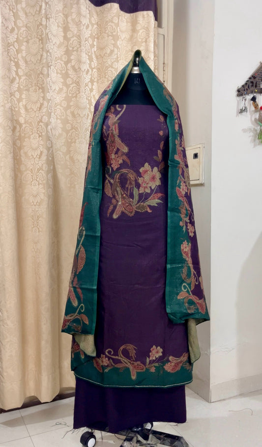 Wool Lurex Suit with Floral Print & Swarovski Detailing - Purple
