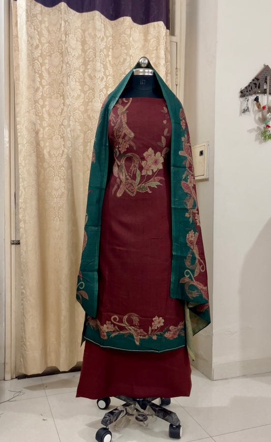 Wool Lurex Suit with Floral Print & Swarovski Detailing - Maroon
