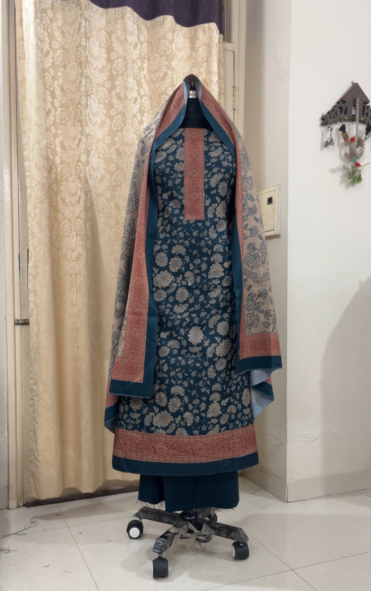 Dark Blue Woolen Suit with Floral Print & Contrasting Stole