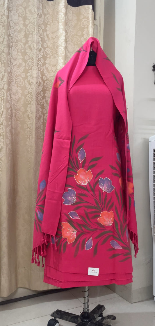 Rani Pink Woolen Hand-Painted Suit with Matching Stole