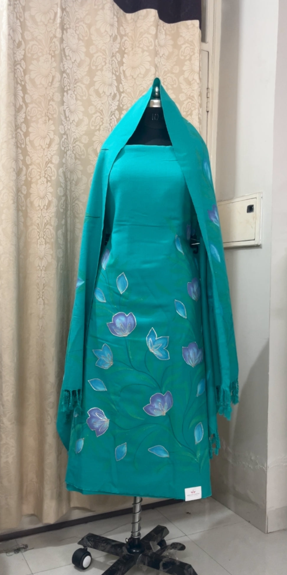 Teal Blue Woolen Hand-Painted Suit with Matching Stole