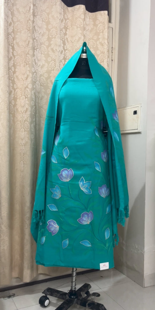 Teal Blue Woolen Hand-Painted Suit with Matching Stole