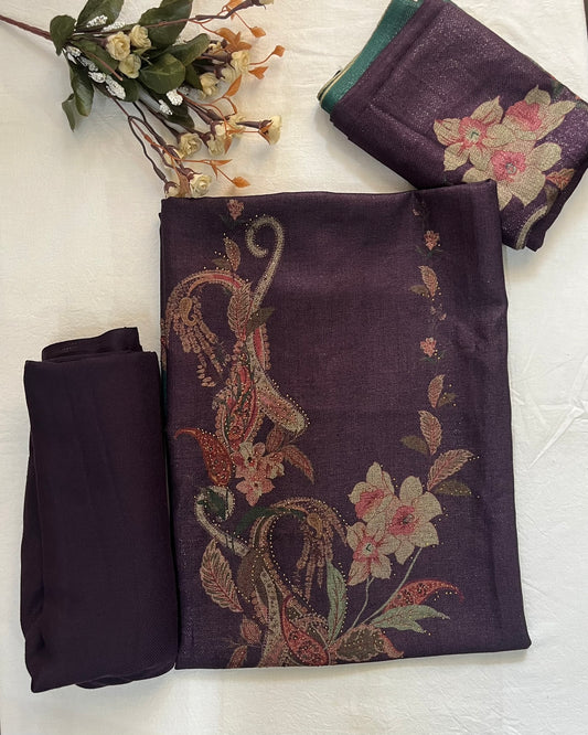 Wool Lurex Suit with Floral Print & Swarovski Detailing - Purple