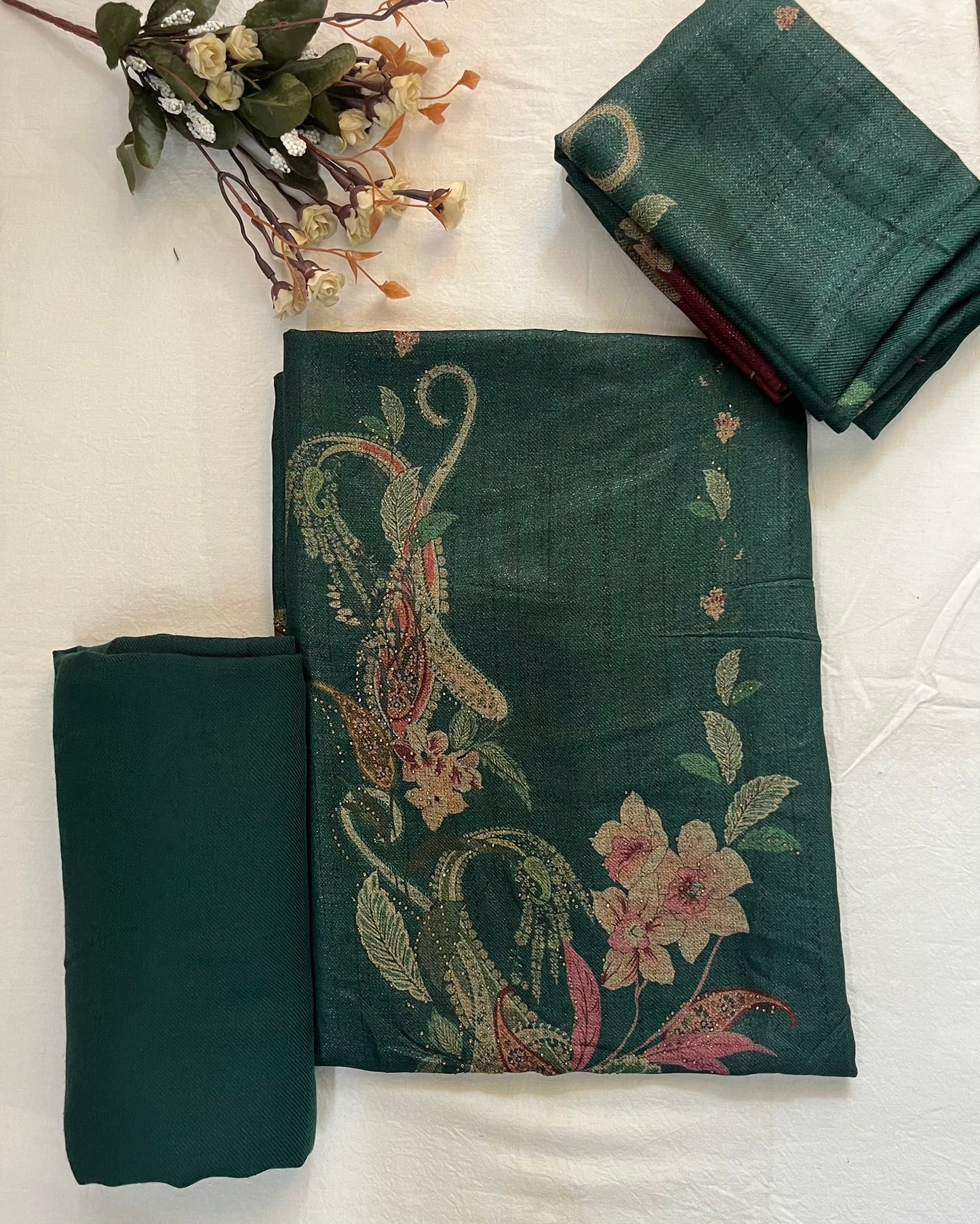 Wool Lurex Suit with Floral Print & Swarovski Detailing - Green