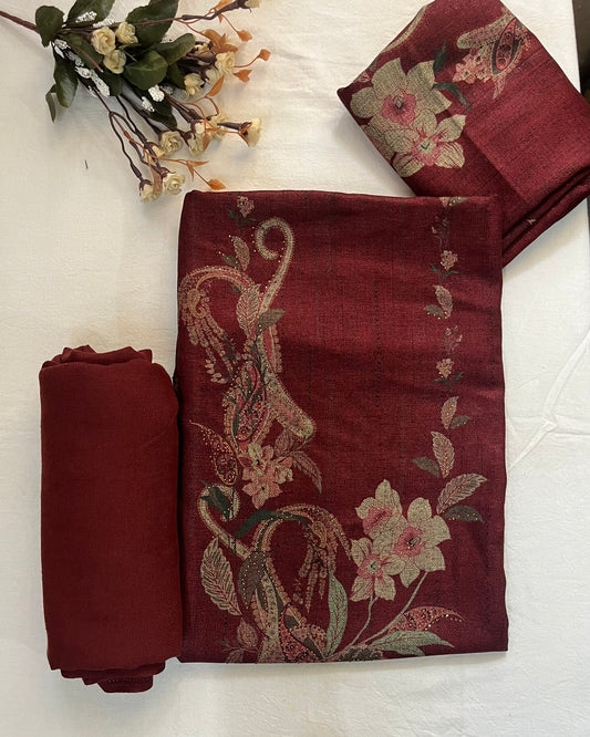 Wool Lurex Suit with Floral Print & Swarovski Detailing - Maroon