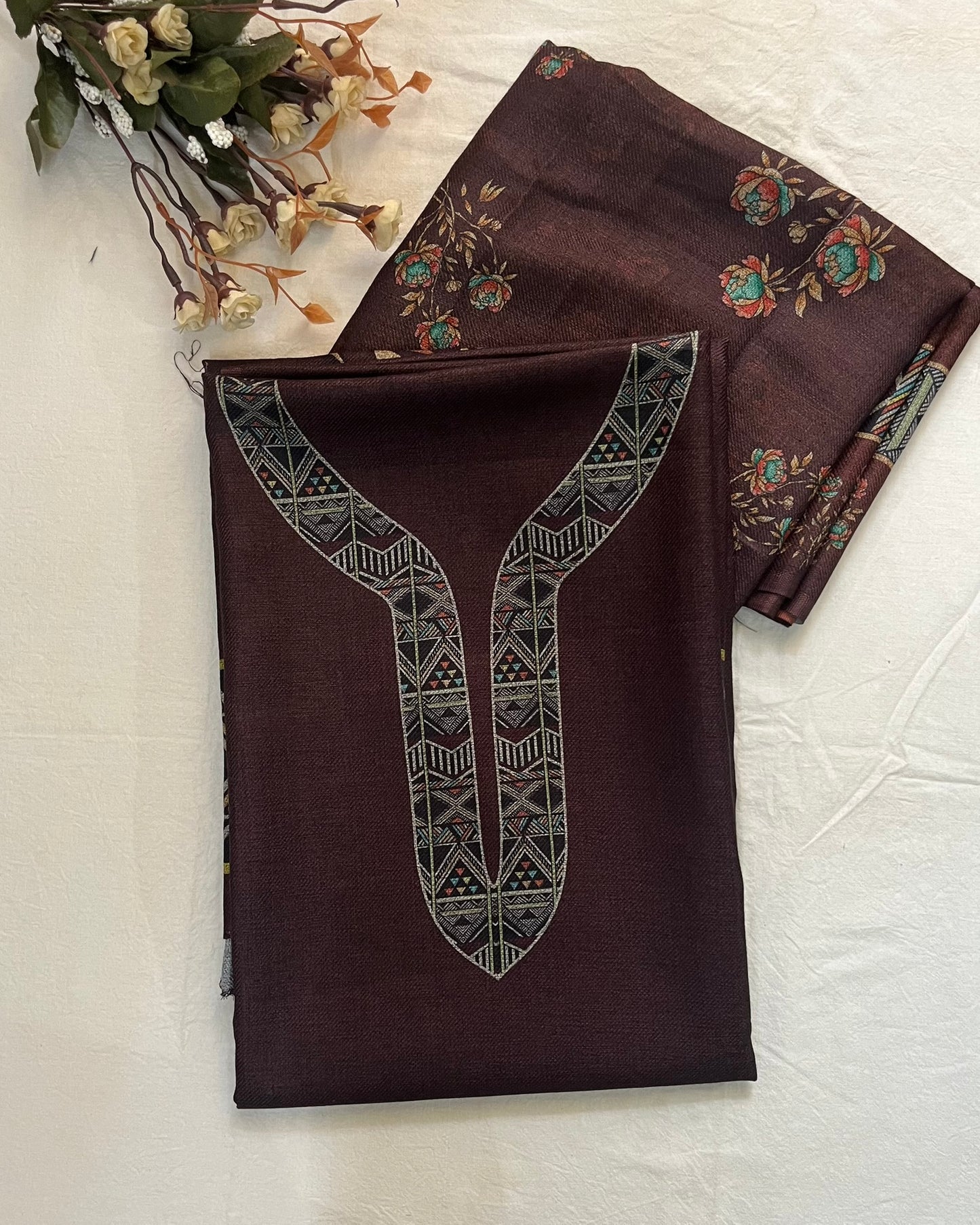 Woolen Suit with Digital Floral Print & Matching Stole - Coffee Brown