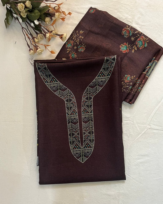 Woolen Suit with Digital Floral Print & Matching Stole - Coffee Brown