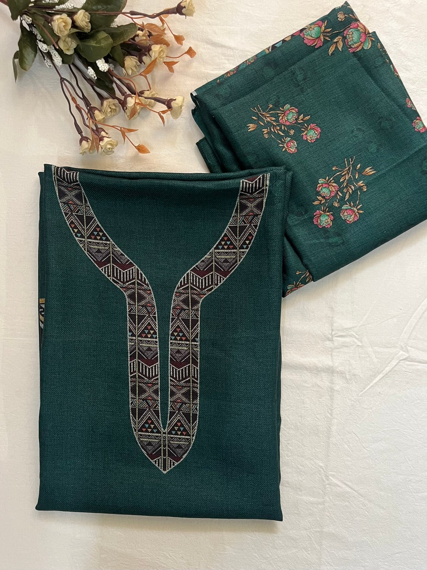 Woolen Suit with Digital Floral Print & Matching Stole - Peacock Green