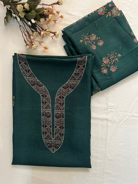 Woolen Suit with Digital Floral Print & Matching Stole - Peacock Green