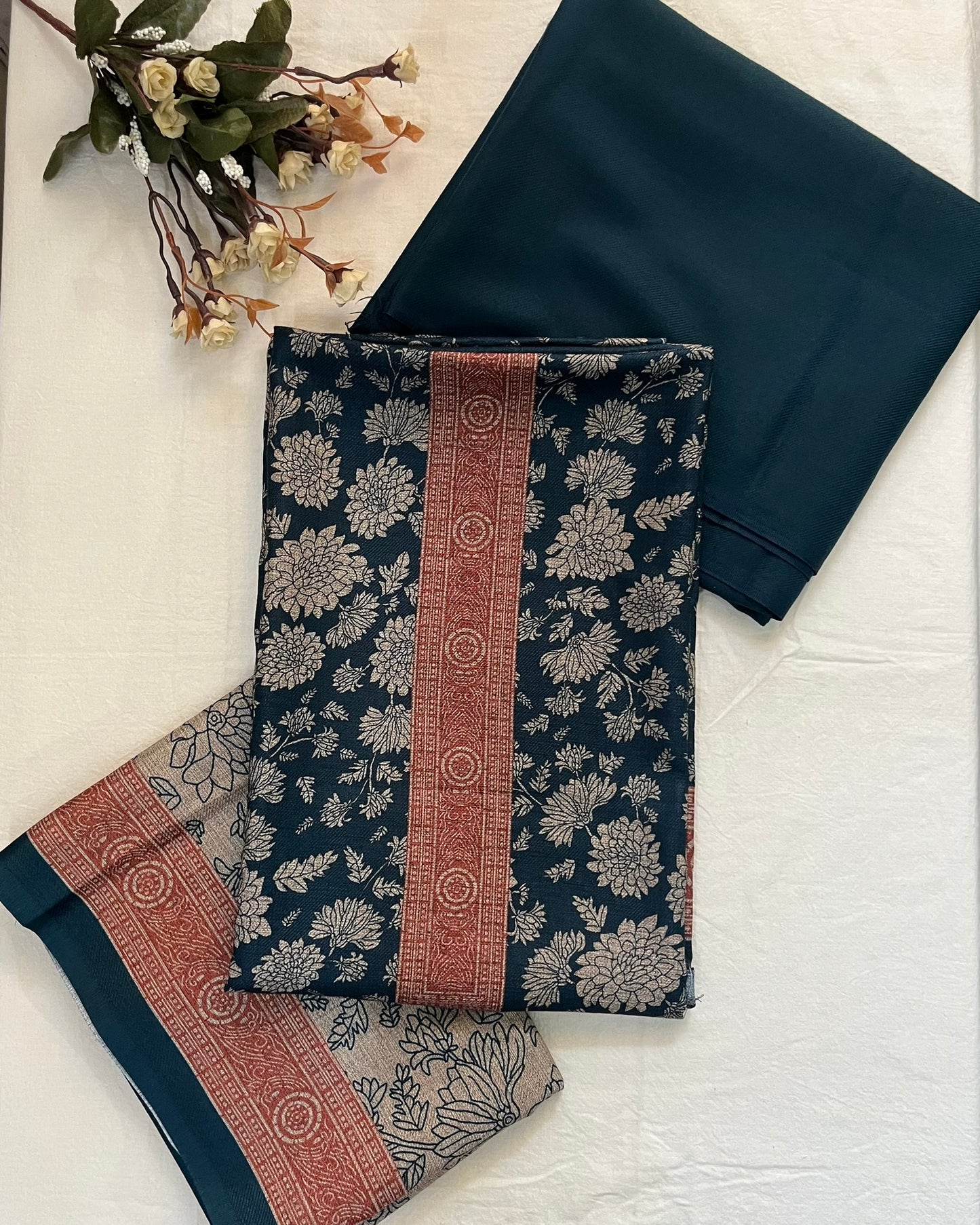 Dark Blue Woolen Suit with Floral Print & Contrasting Stole