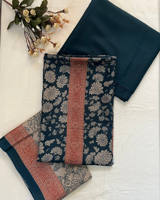 Dark Blue Woolen Suit with Floral Print & Contrasting Stole