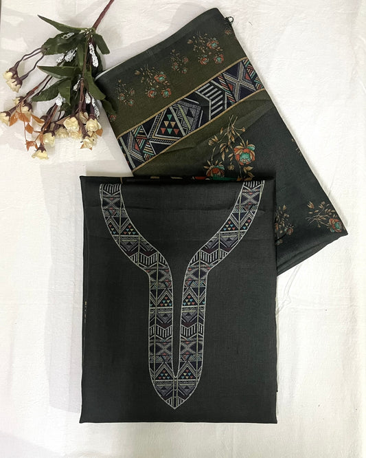 Woolen Suit with Digital Floral Print & Matching Stole - Mehndi Green